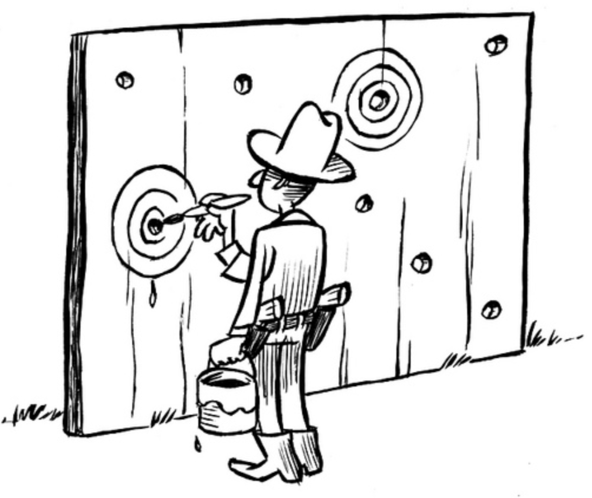 Writing hypotheses after the results are known is similar to a Texas sharpshooter who fires some gunshots and then paints a target centered on the hits. Illustration by Dirk-Jan Hoek (CC-BY).